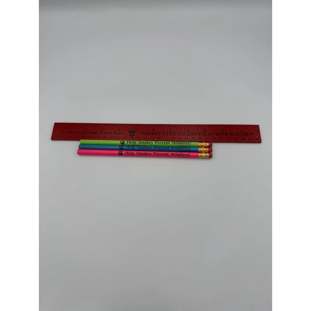 Vtg Smokey Bear Ruler & Pencils Lot Prevent Wildfires School Supplies Retro